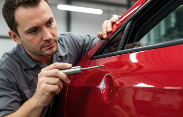 Auto mechanic using paintless dent repair tool on red car door - professional automotive bodywork